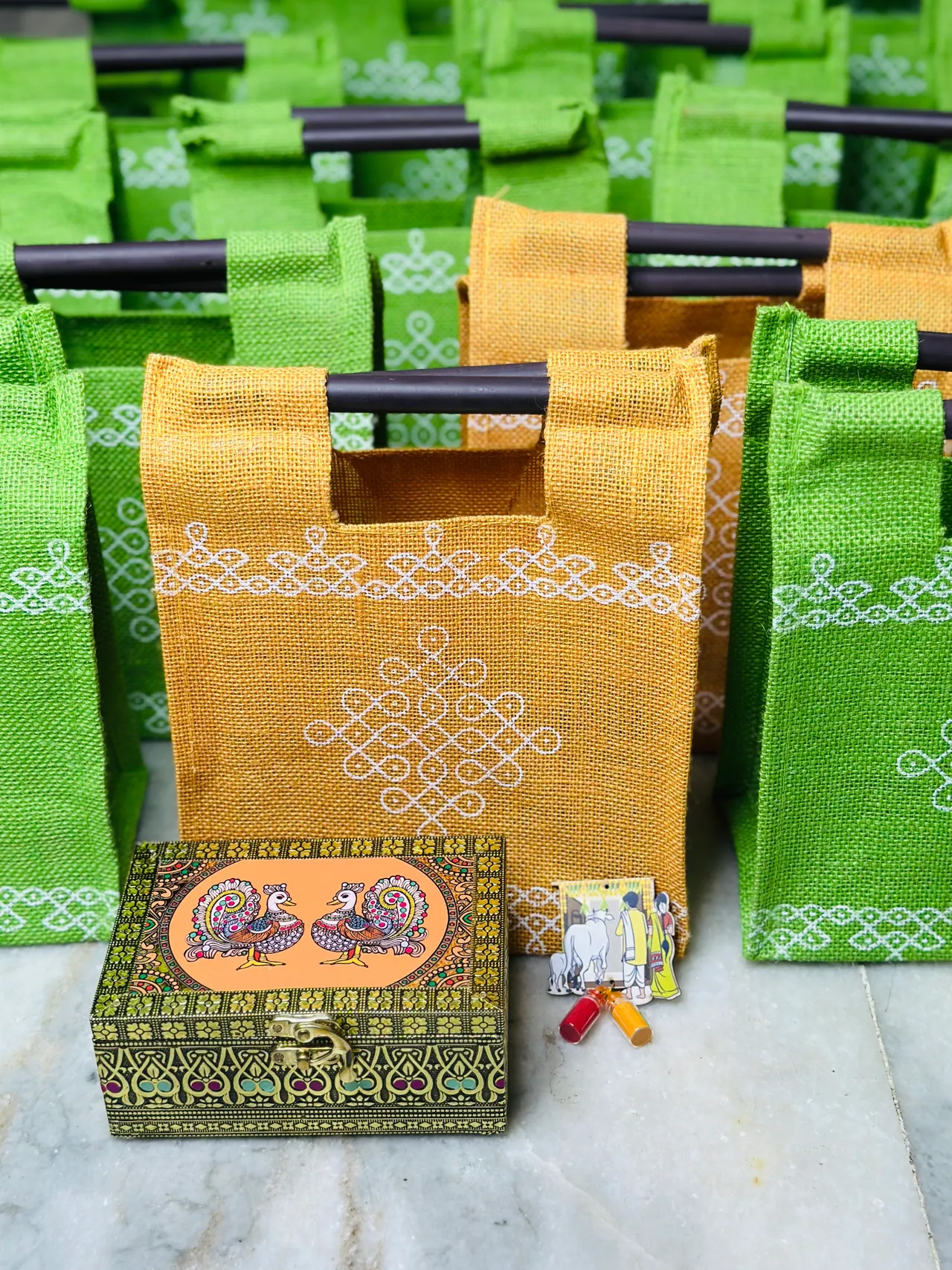 Tanjore digital art jewel box & kolam shopper bag