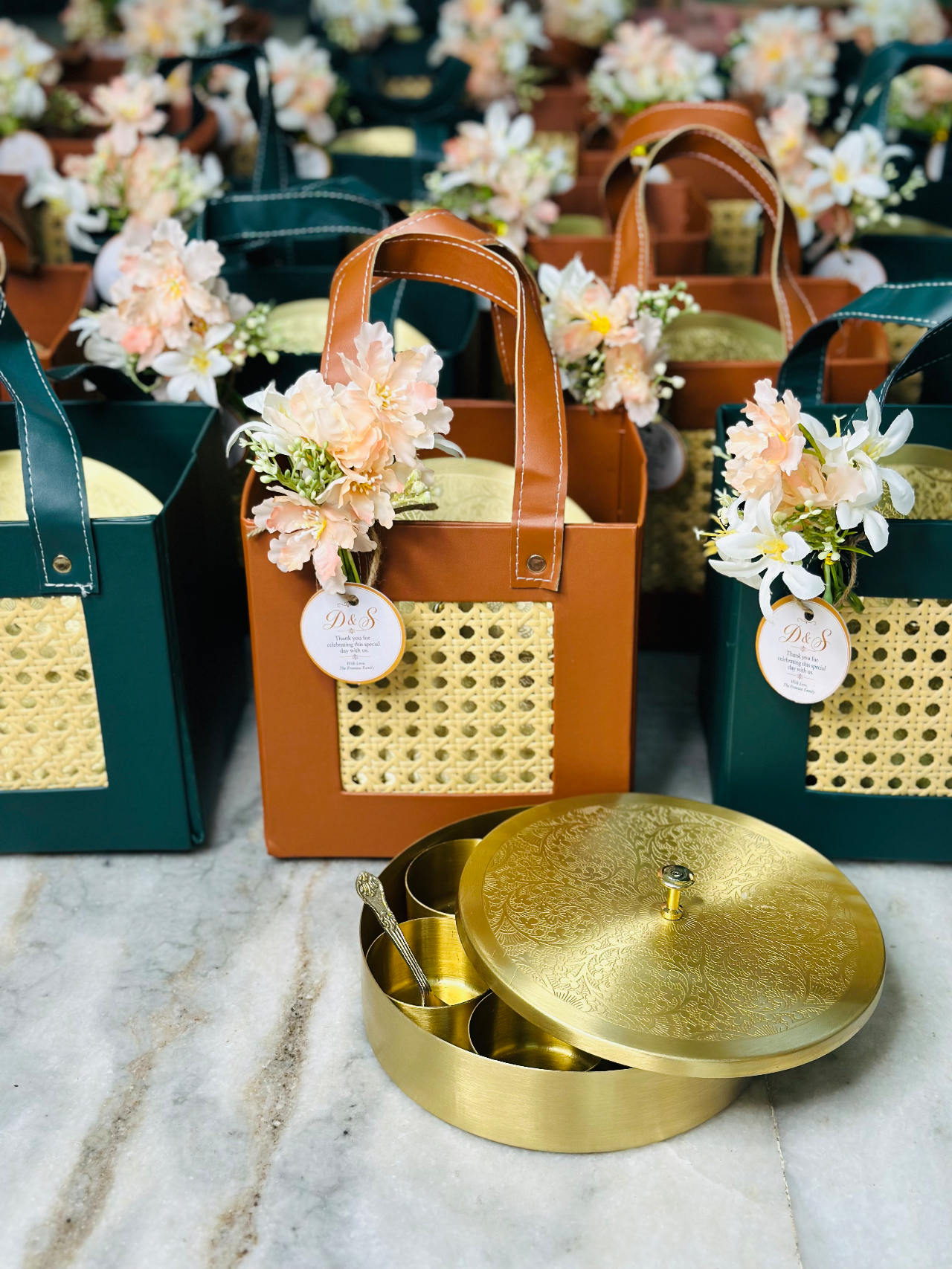 Rattan hamper bag with Brass spice box