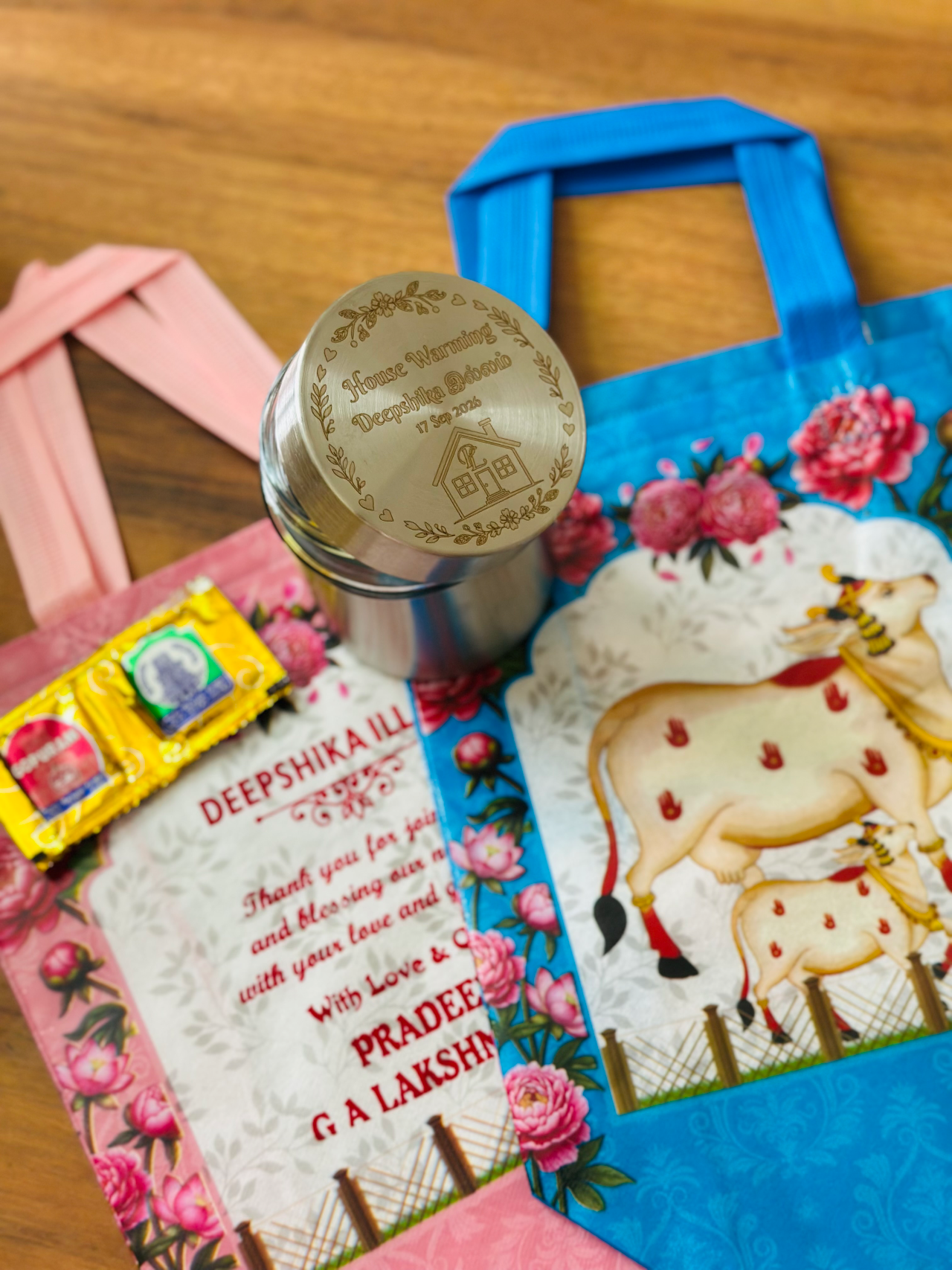 Glass canister & pichwai bag (name customised)